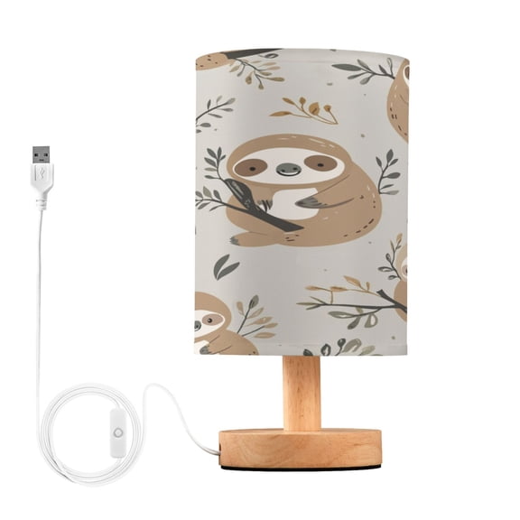 WOBOGO Cute Sloth Pattern with Boho Elements Bedroom Table Lamp USB Power Connector Wooden Base Round Linen Shade For Living Room Desk