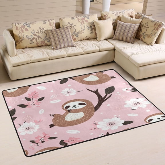 WOBOGO Cute Sloth Pattern with White Floral Accents Carpet Non-Slip Rugs Soft Doormat 36×24in Living Dining Room Bedroom Decorative