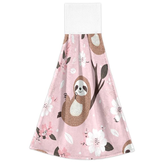 WOBOGO Cute Sloth Pattern with White Floral Accents Hand Towel Set of 2 Absorbent for Kitchen and Bathroom With Velcro Hanging Loop 18.214in