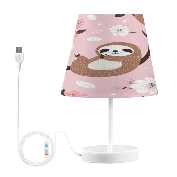 WOBOGO Cute Sloth Pattern with White Floral Accents Table Lamps Bedroom 3-Speed Dimmable Farm Style with Fabric Shade for Reading and Home Office