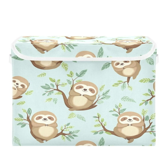 WOBOGO Cute Sloth Sitting on Tree Pattern Large Collapsible Storage Box Flip Lid Fabric Decorative Organizer Container Basket with Handles 16.512.611.8in