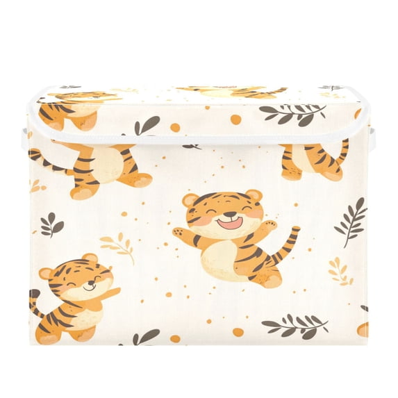 WOBOGO Cute Smile Jumping Tiger Large Collapsible Storage Box Flip Lid Fabric Decorative Organizer Container Basket with Handles 16.5×12.6×11.8in
