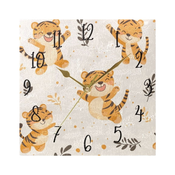 WOBOGO Cute Smile Jumping Tiger Wall Clock 7.78 Inch Battery Operated Silent Unit Square Rustic Vintage Style for Home Bedroom Office Gold Pointer