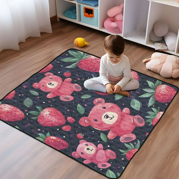 WOBOGO Cute Strawberry Bear Baby Playmats Extra Large Waterproof Rollable Activity Pads for Toddlers 5050inch