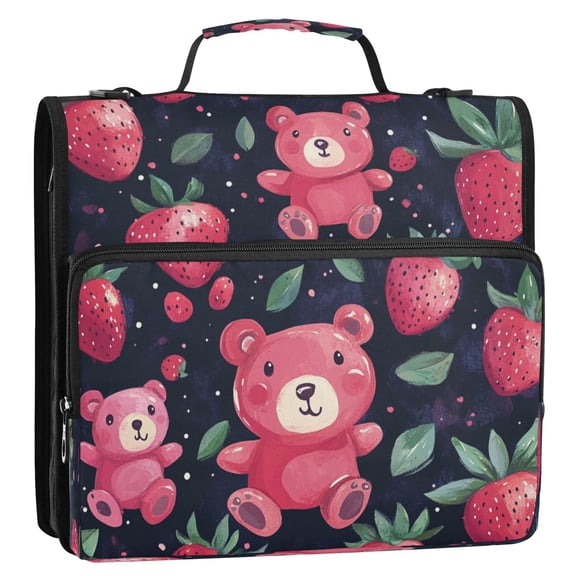 WOBOGO Cute Strawberry Bear Ring Binder Bag 1.5in Folder Organizer with Shoulder Strap for 13Inch Laptop and 500 Sheets of Paper