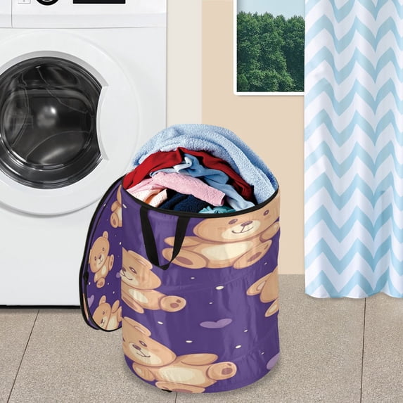WOBOGO Cute Teddy Bear and Heart Pattern Foldable Laundry Baskets with Carry Handle Zipper Closure Travel Bathroom College Dorm Essentials