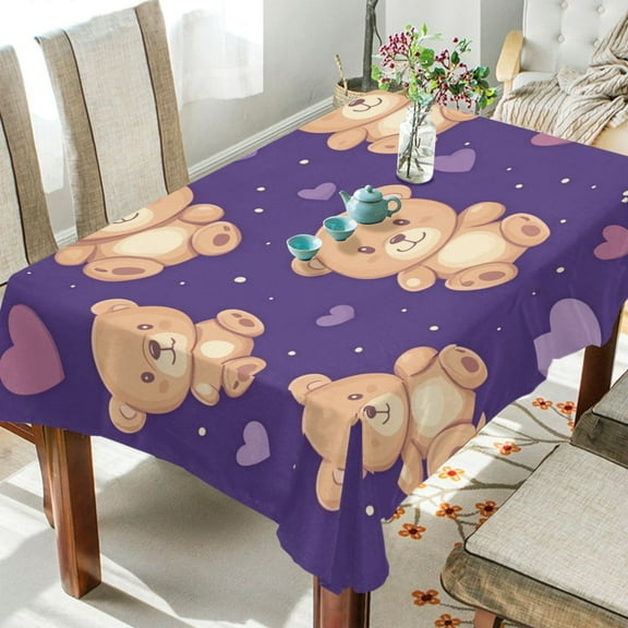 WOBOGO Cute Teddy Bear and Heart Pattern Square Tablecloth 54×72in Polyester Fabric Tablecloth Washable Dust Resistant Wrinkle Resistant