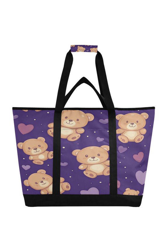 Cute Teddy Bear and Heart Pattern Tote Cooler Bag Fold Flat Insulated Shopping Bag With Zipper For Work Picnic Beach Use 186.724in