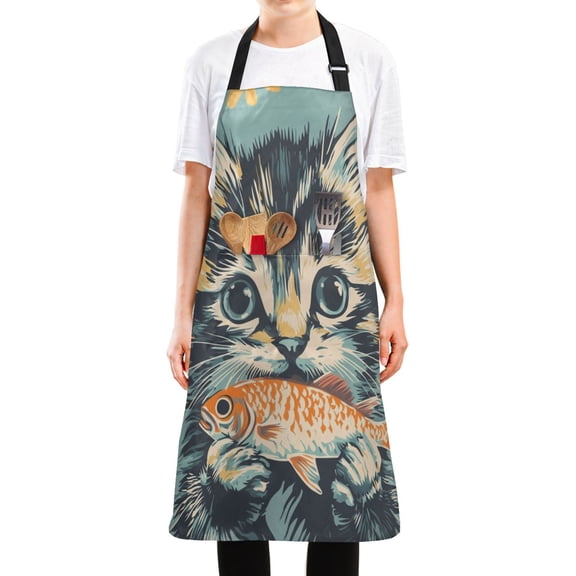 WOBOGO Cute Three Flowered Cat Long Apron Waterdrop Resistant with 2 Pockets Cooking Kitchen Chef Apron for Women Men