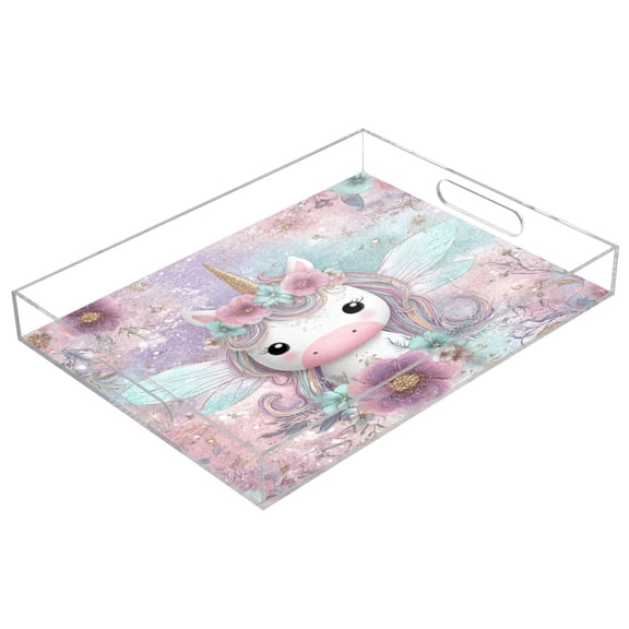 WOBOGO Cute Unicorn Acrylic Serving Trays 15.7x11.8 Inch Spill Proof Clear Decorative Organizer with Handle