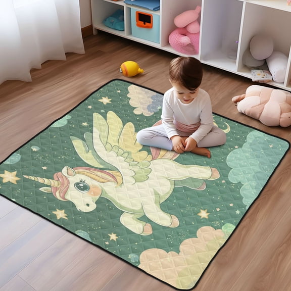 WOBOGO Cute Unicorn Green Pattern Baby Playmats Extra Large Waterproof Rollable Activity Pads for Toddlers 5050inch