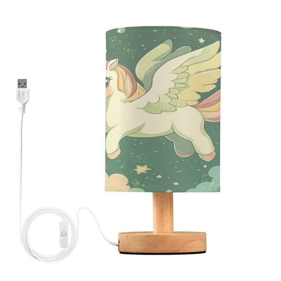 WOBOGO Cute Unicorn Green Pattern Bedroom Table Lamp USB Power Connector Wooden Base Round Linen Shade For Living Room Desk