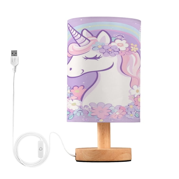 WOBOGO Cute Unicorn Purple Pattern Bedroom Table Lamp USB Power Connector Wooden Base Round Linen Shade For Living Room Desk