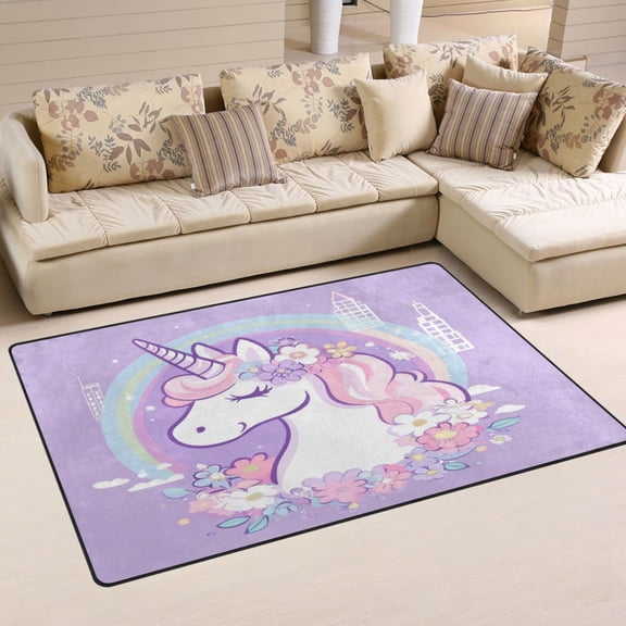 WOBOGO Cute Unicorn Purple Pattern Carpet Non-Slip Rugs Soft Doormat 60×39in Living Dining Room Bedroom Decorative