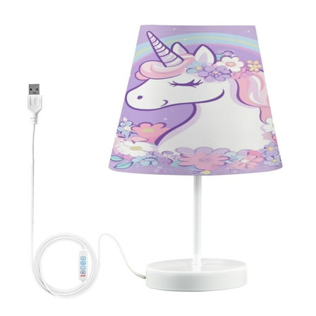 WOBOGO Cute Unicorn Purple Pattern Table Lamps Bedroom 3-Speed Dimmable Farm Style with Fabric Shade for Reading and Home Office
