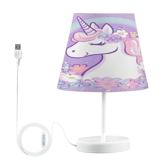 WOBOGO Cute Unicorn Purple Pattern Table Lamps Bedroom 3-Speed Dimmable Farm Style with Fabric Shade for Reading and Home Office