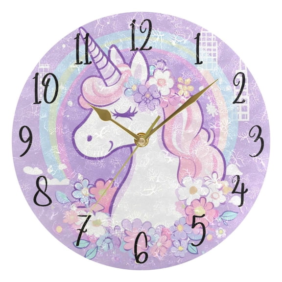 WOBOGO Cute Unicorn Purple Pattern Wall Clock 10in Silent Mechanism Battery Operated Retro Style for Living Room Bedroom and Kitchen Gold Pointer