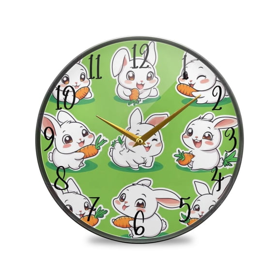WOBOGO Cute White Rabbits Eating Carrots Acrylic Wall Clock Battery Operated 9.5in Silent No Tick Bedroom Living Room Office Classroom Decoration