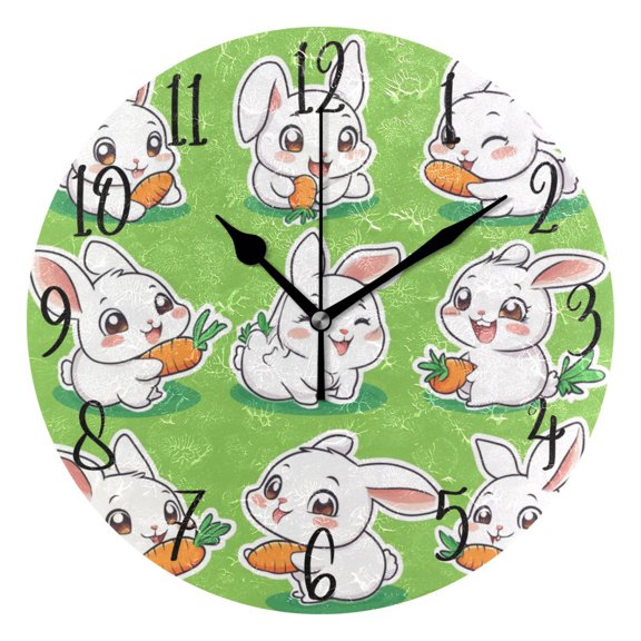 WOBOGO Cute White Rabbits Eating Carrots Wall Clock 10in Silent Mechanism Battery Operated Retro Style for Living Room Bedroom and Kitchen Black Pointer