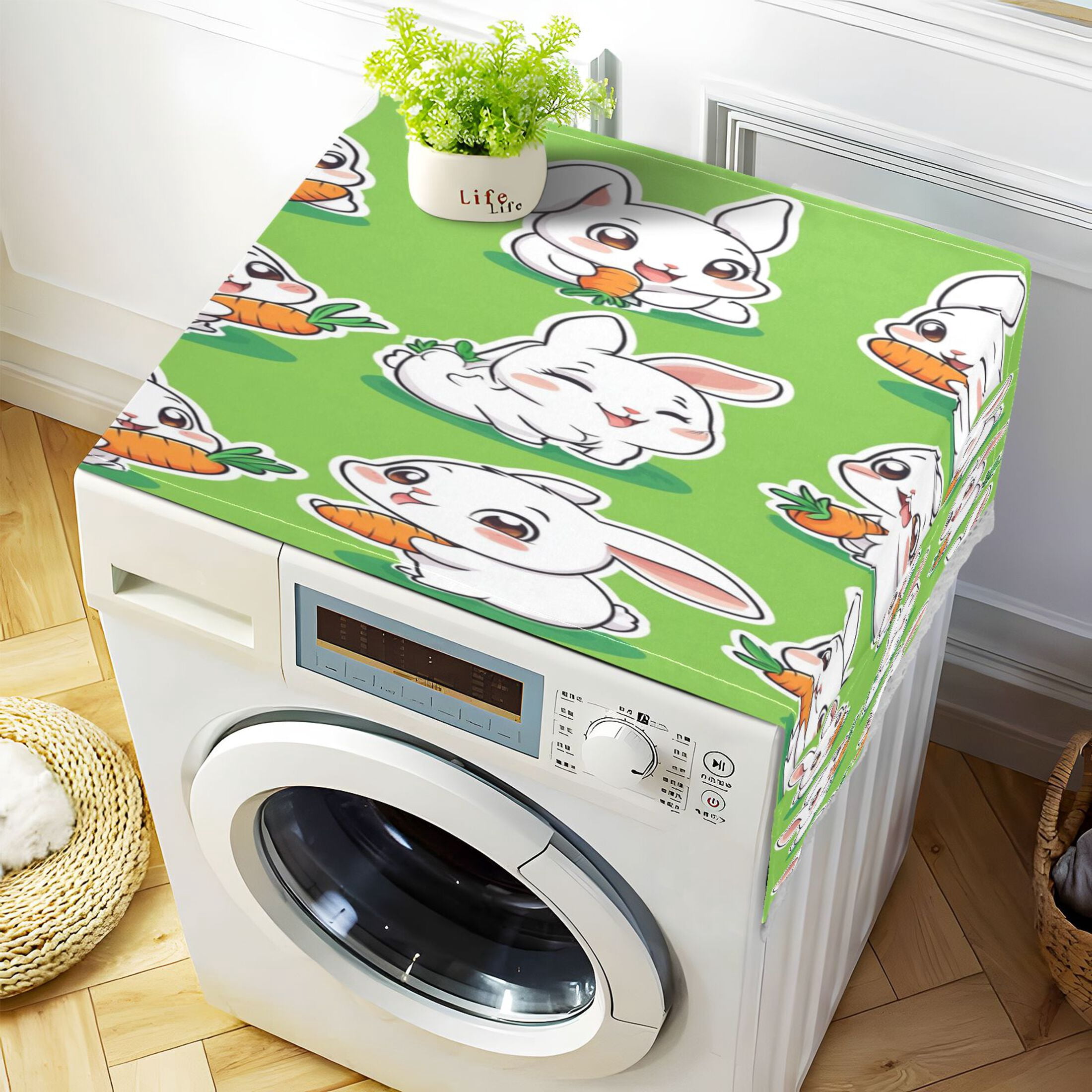 WOBOGO Cute White Rabbits Eating Carrots Washing Machine Cloth Dryer Refrigerator Top Cover Protective Non-Slip Mat For Kitchen Laundry