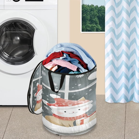 WOBOGO Cute Winter Window Scene Foldable Laundry Baskets with Carry Handle Zipper Closure Travel Bathroom College Dorm Essentials
