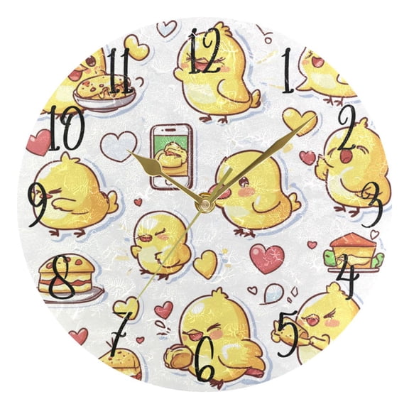 WOBOGO Cute Yellow Chick Pattern Wall Clock 10in Silent Mechanism Battery Operated Retro Style for Living Room Bedroom and Kitchen Gold Pointer