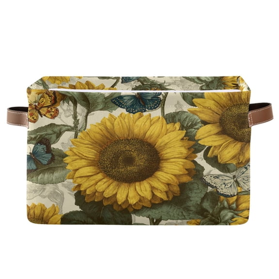 WOBOGO Cyan Butterfly Sunflower Square Storage Basket with Waterproof Canvas and PE Lining Durable PU Leather Handles 14.2×10.2×8.3in
