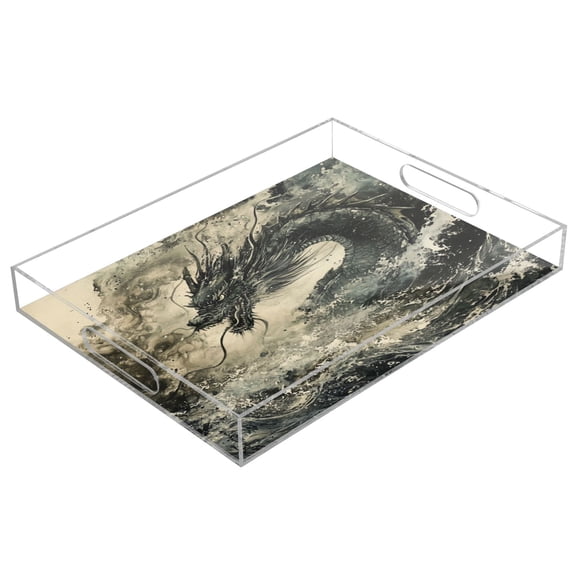 WOBOGO Cyan Dragon Acrylic Serving Trays 15.7x11.8 Inch Spill Proof Clear Decorative Organizer with Handle