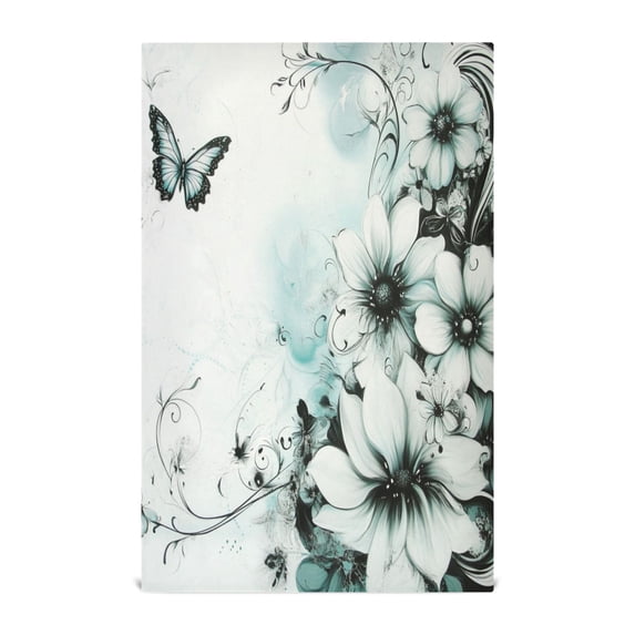 WOBOGO Cyan Flowers Kitchen Towel 1 Piece Large Cotton Dishcloth Premium Absorbency Set with Hanging Loop