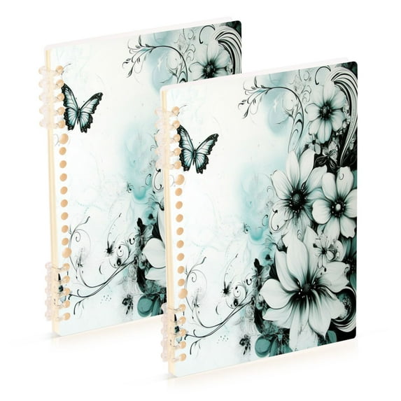 WOBOGO Cyan Flowers Notebook College Horizontal Grid Paper Ink Spill Resistant Water Resistant Cover 8.3x5.7x0.4in