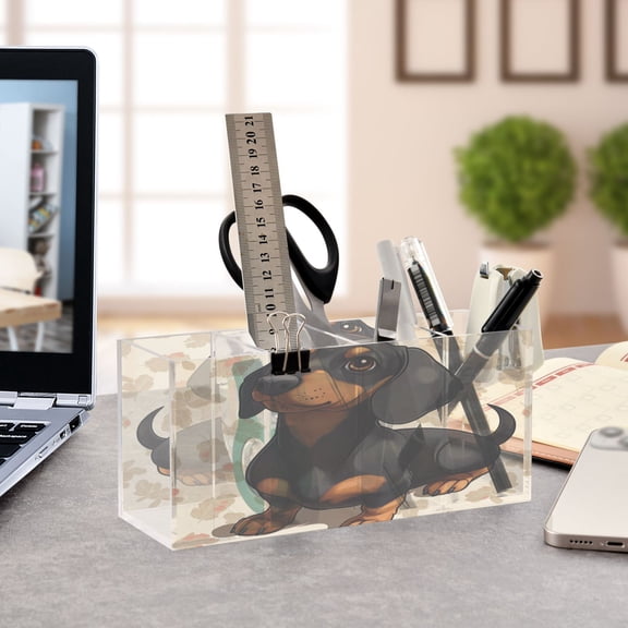 WOBOGO Dachshund Pattern Acrylic Pen Holder 4 Compartments Clear Pencil Organizer Makeup Brush Storage Case