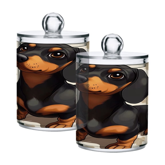 WOBOGO Dachshund Pattern Transparent Plastic Jar 2pcs Cotton Swabs Balls Pads Floss Stick Dispenser Bathroom Vanity Storage Organizer