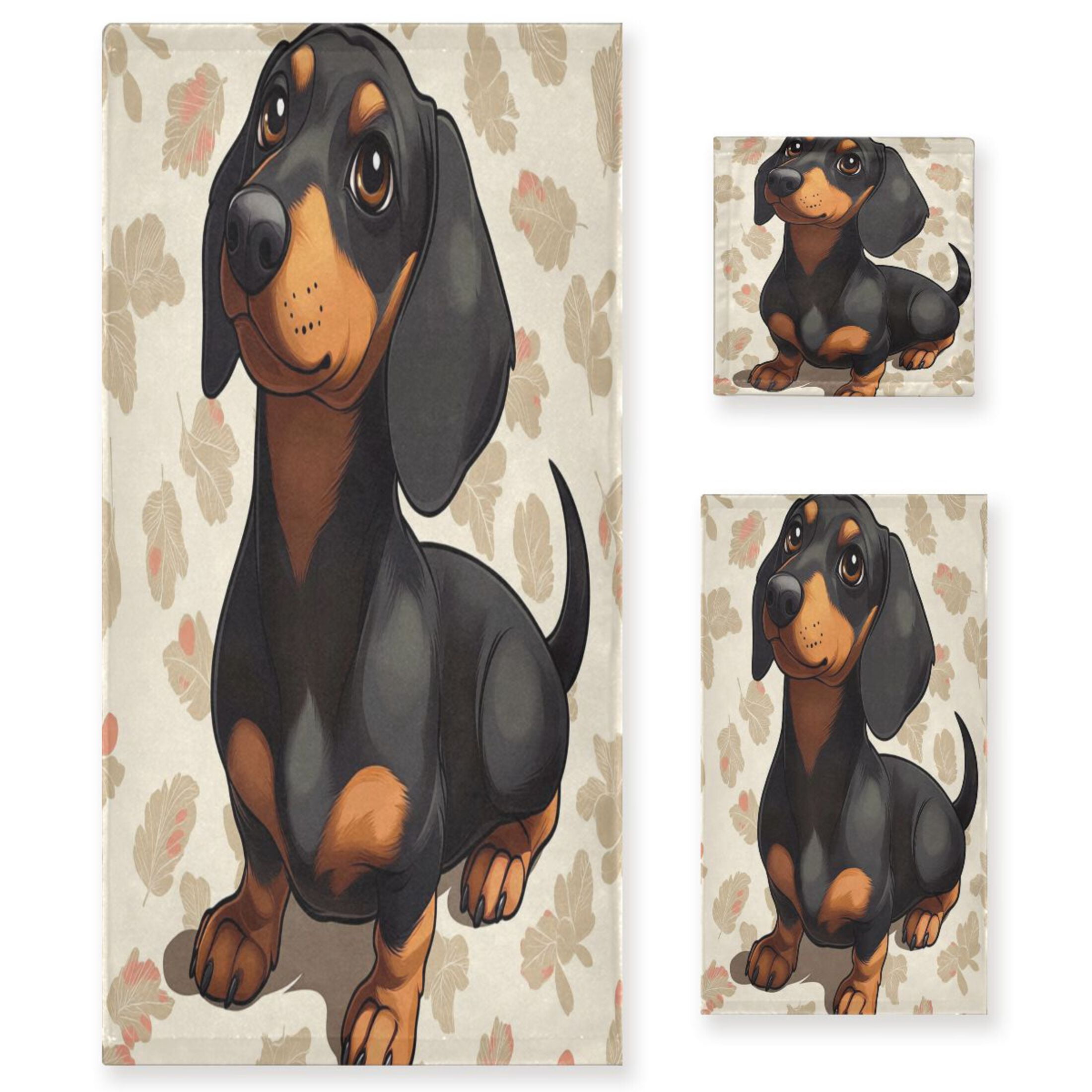 WOBOGO Dachshund Pattern Ultra Soft 3 Pack Cotton Towel Set Includes 60 x 30in Bath Towel 28 x 16in Face Towel and 13 x 13in Small Square Towel for Everyday Use Lightweight and Compact