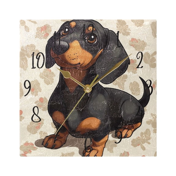 WOBOGO Dachshund Pattern Wall Clock 7.78 Inch Battery Operated Silent Unit Square Rustic Vintage Style for Home Bedroom Office Gold Pointer