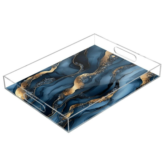 WOBOGO Dark Blue Gilt Marbles Acrylic Serving Trays 15.7x11.8 Inch Spill Proof Clear Decorative Organizer with Handle