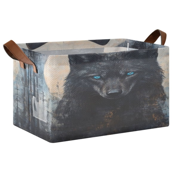 WOBOGO Dark Forest Wolf King Storage Basket 16.9×11.4×10in Collapsible Oversized with Metal Iron Frame Set of 2