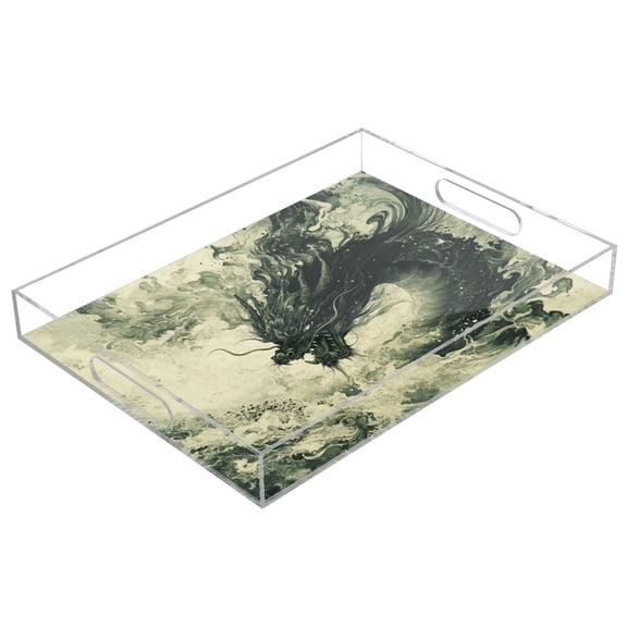 WOBOGO Dark Green Dragon Acrylic Serving Trays 15.7x11.8 Inch Spill Proof Clear Decorative Organizer with Handle
