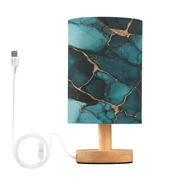 WOBOGO Dark Green Gild Marble Bedroom Table Lamp USB Power Connector Wooden Base Round Linen Shade For Living Room Desk
