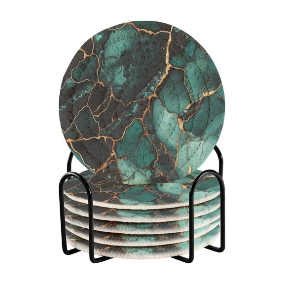 WOBOGO Dark Green Gild Marbles Coil Coasters Set of 6 Minimalist Cotton Woven 3.94 inch Non-Slip Insulated and Absorbent Home Accessories.