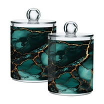 WOBOGO Dark Green Gild Marbles Transparent Plastic Jar 2pcs Cotton Swabs Balls Pads Floss Stick Dispenser Bathroom Vanity Storage Organizer