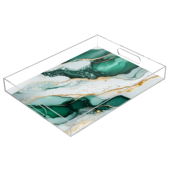 WOBOGO Dark Green Gilt Pattern Acrylic Serving Trays 15.7x11.8 Inch Spill Proof Clear Decorative Organizer with Handle
