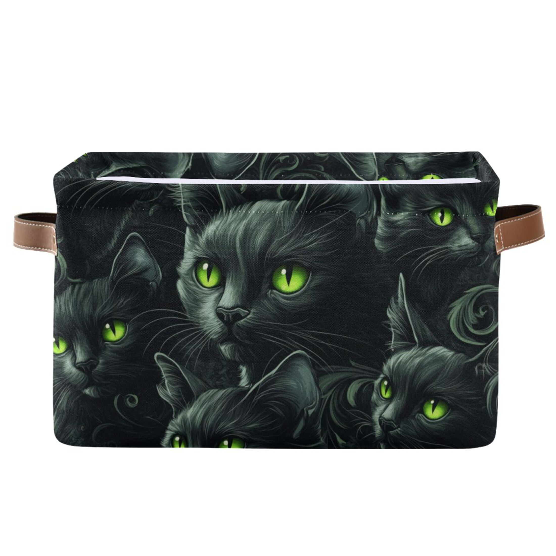 WOBOGO Dark Pattern with Black Cats Square Storage Basket with Waterproof Canvas and PE Lining Durable PU Leather Handles 14.2×10.2×8.3in