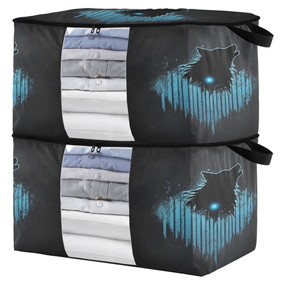 WOBOGO Dark Wolf Blue Wave Clothes Storage 2Pack Foldable Thick Fabric Blanket Organizer Bag with Handle 21.65×13.78×12.4in