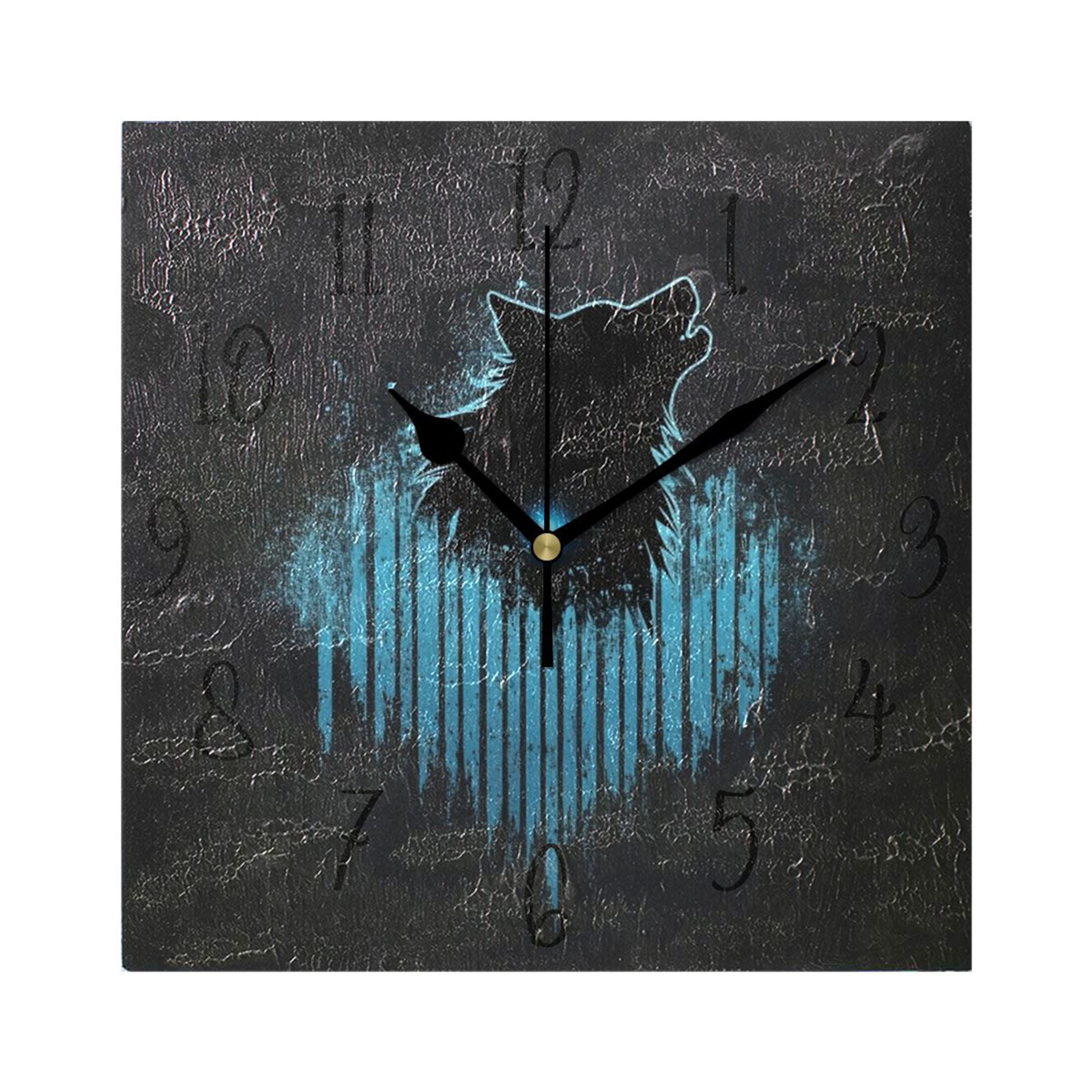 WOBOGO Dark Wolf Blue Wave Wall Clock 7.78 Inch Battery Operated Silent ...