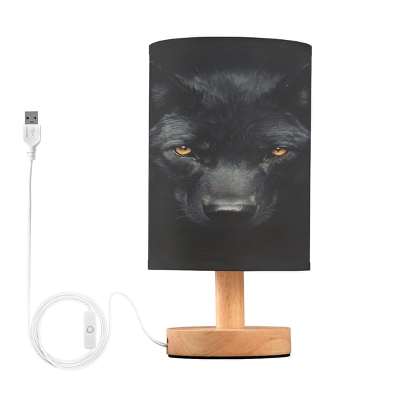 WOBOGO Dark Wolf Face Bedroom Table Lamp USB Power Connector Wooden Base Round Linen Shade For Living Room Desk