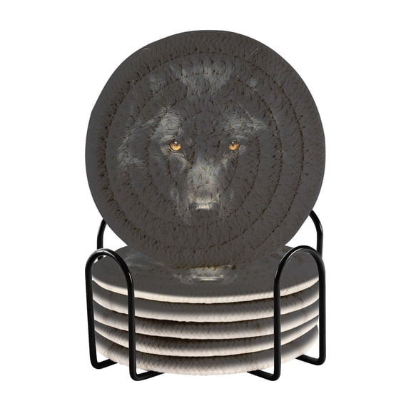 WOBOGO Dark Wolf Face Coil Coasters Set of 6 Minimalist Cotton Woven 3.94 inch Non-Slip Insulated and Absorbent Home Accessories.