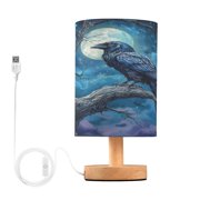 WOBOGO Dead Trees Dark Crows Bedroom Table Lamp USB Power Connector Wooden Base Round Linen Shade For Living Room Desk