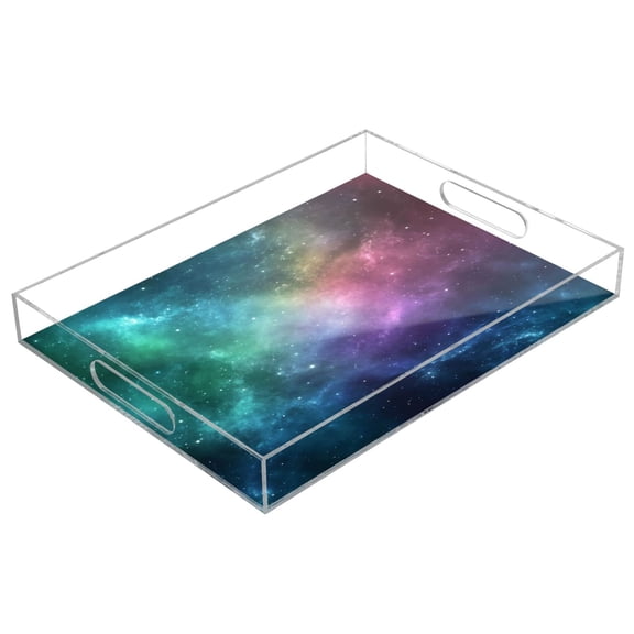 WOBOGO Deep Outer Space Acrylic Serving Trays 15.7x11.8 Inch Spill Proof Clear Decorative Organizer with Handle