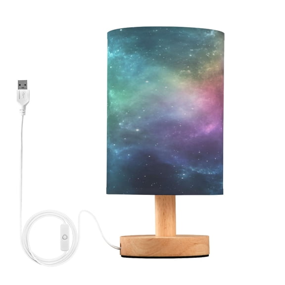 WOBOGO Deep Outer Space Bedroom Table Lamp USB Power Connector Wooden Base Round Linen Shade For Living Room Desk