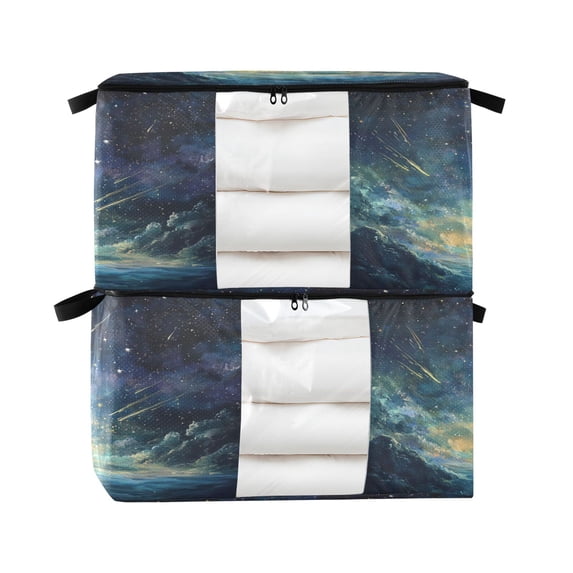WOBOGO Deep Space Shooting Stars Pattern Clothes Storage 2Pack Foldable Thick Fabric Blanket Organizer Bag with Handle 24.8×16.93×16.17in